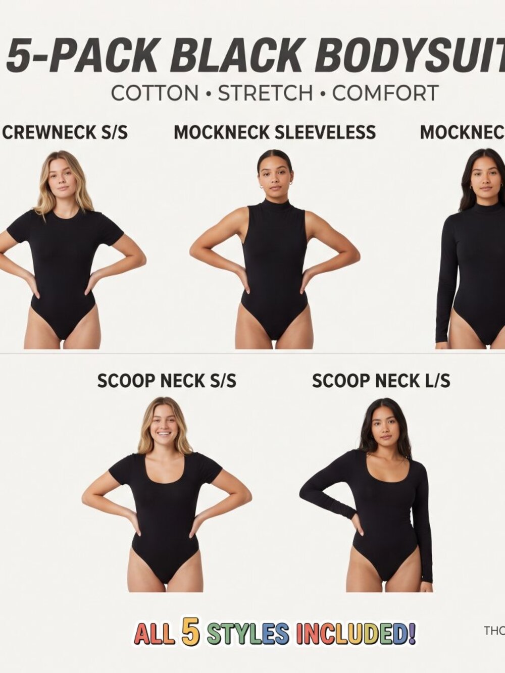 5-Pack Black Cotton Thong Bodysuits